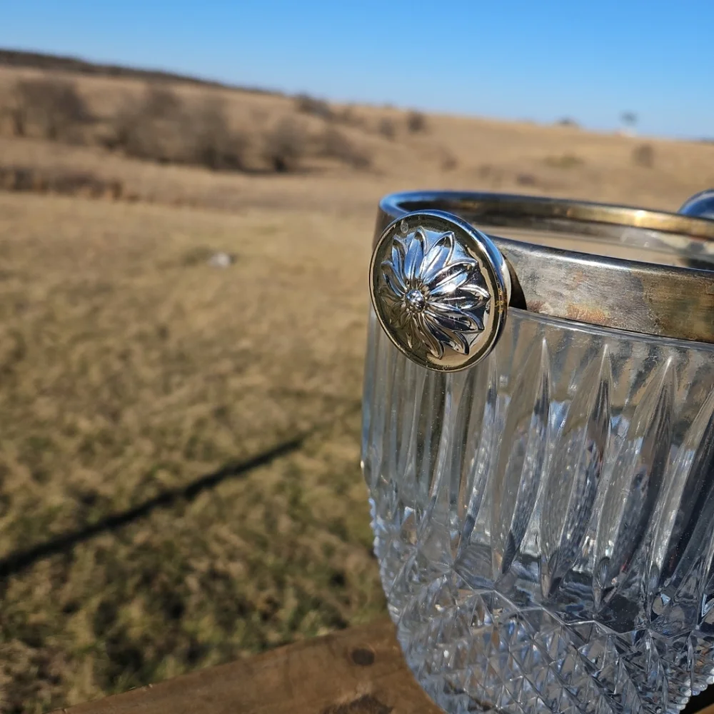 Vintage MCM 6LB Diamond Cut Glass Bar Ice Bucket w/Silver Plated Rim and Handles